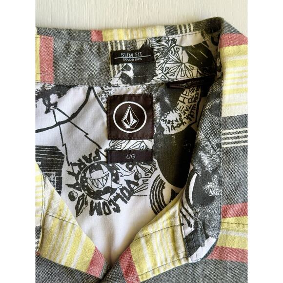 Volcom Shirt Adult L Yellow Gray Red Striped Cotton Rayon Blend Button - Picture 6 of 8